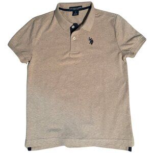 U.S. Polo Assn Boys Polo Shirt Sz 8 Medium Beige Short Sleeve Logo Cotton Blend